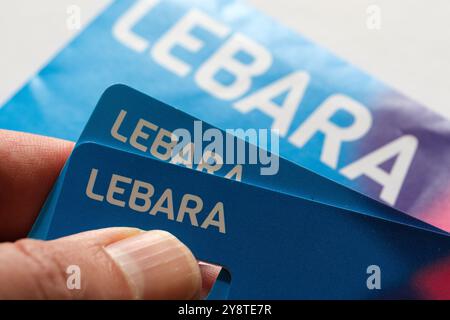 Lebara SIM cards close-up. Focus on mobile services, SIM cards, and international communication solutions. Stafford, United Kingdom, October 6, 2024. Stock Photo