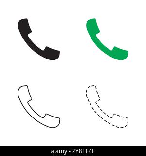 Phone icon. Black, green, outline, and dashed styles. Minimalist handset symbol. Vector illustration. Stock Vector