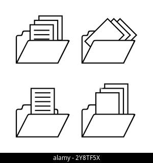 Folder icons with documents in various configurations. Simple line art style with organized paper stacks. Minimalist document management concept. Stock Vector