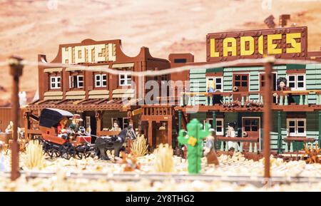 Turin, Italy, October 2022: Western ambient made of colorful plastic building blocks, fun and education, Europe Stock Photo