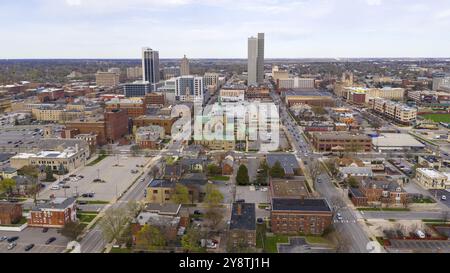 Colorful buildings businesses and churches line up by streets in this aerial view of Fort Wayne Indiana Stock Photo