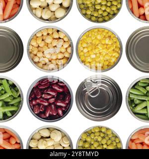Seamless food background made of opened canned chickpeas, green sprouts, carrots, corn, peas, beans and mushrooms on white background Stock Photo