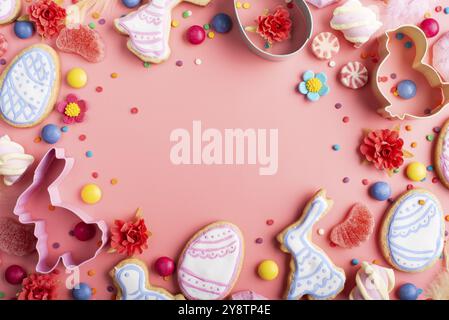 Easter cookies candies sugar sprinkles and cutters on pink background. Space for text Stock Photo