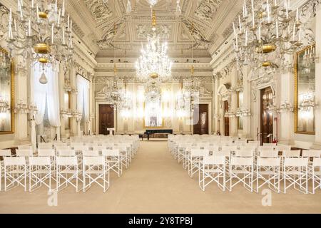 Florence, Italy, 29 June 2023: Pitti Palace, Empty conference Room for indoor event, Europe Stock Photo