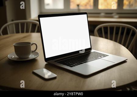 Laptop computer with opened lid on table in home office workspace room Stock Photo