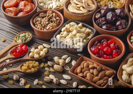 Different nuts seeds and dried fruits in bowls and spoons on wooden kitchen table Stock Photo