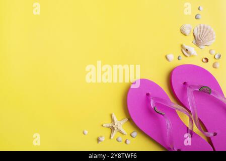 Flip flops with shells and starfishes on yellow background vacation travel planning mockup Stock Photo