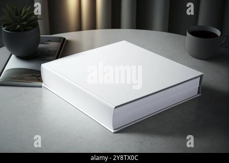 Book cover blank white vertical design template on a table, room interior Stock Photo