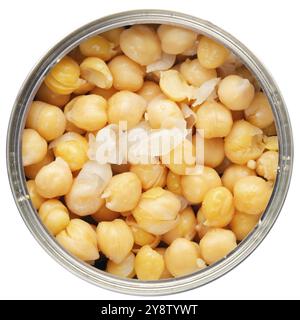 Flat lay view at opened tin can with chickpeas isolated on white background Stock Photo