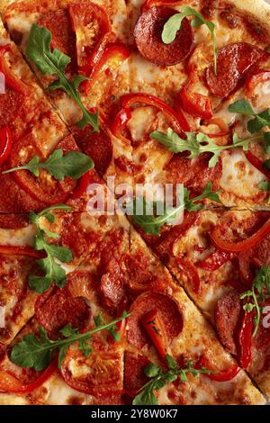 Pizza with pepperoni and tomatoes closeup detailed view food flat lay background Stock Photo