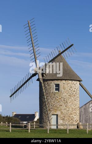 Trouguer windmills, Pointe du Van, Finistere, Brittany, France, Europe Stock Photo