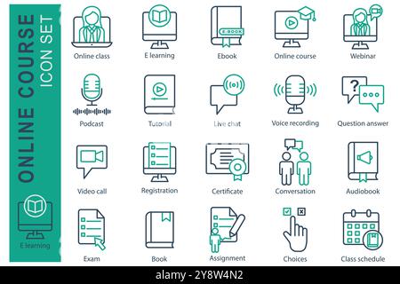 Online course icon set. line icon style. icon related to online learning. online class, e learning, tutorial, and more. education element vector illus Stock Vector