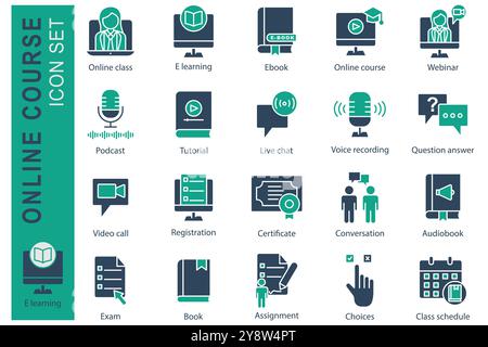 Online course icon set. solid icon style. icon related to online learning. online class, e learning, tutorial, and more. education element vector illu Stock Vector