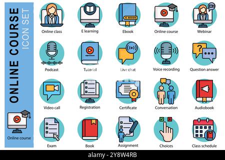 Online course icon set. colored outline icon style. icon related to online learning. online class, e learning, tutorial, and more. education element v Stock Vector