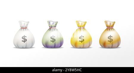 Set of Moneybags in various colors isolated on white background. Metallic color Money bag with a dollar sign icon. Symbolizing Growth income, savings Stock Vector