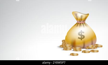 A 3D illustration of a golden money bag with a dollar sign and a pile of golden coins on a white background with blank space for text Stock Vector