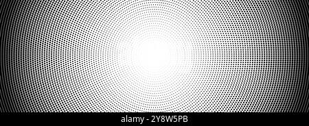 Halftone radial dotted background. Square dots comic gradient texture. Concentric fading gradation wallpaper. Black white rough grit overlay. Grunge gritty circular pop art cartoon backdrop. Vector Stock Vector