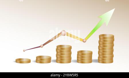 A 3D illustration of a stack of golden coins with an decrease and increase arrow graph, symbolizing financial growth and success Stock Vector