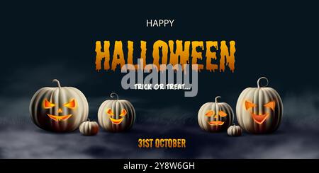 Happy Halloween celebration banner. Invitation, sale, discount flyer with spooky pumpkins and flying bats on dark background. Stock Vector