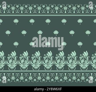 The green floral ikat Indian motif horizontal border seamless pattern is designed for background decorations, textile prints, cloth texture, and other Stock Vector