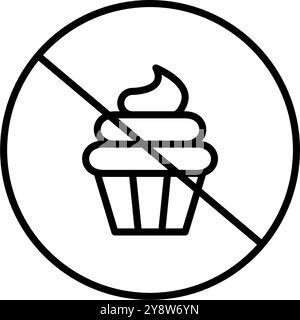 Cupcake crossed sign. No eating allowed, dietary restriction. Sugar-free food. Pixel perfect, editable stroke vector icon Stock Vector