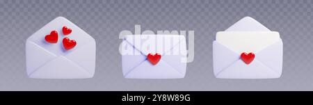 3d love letter set for St Valentine day. Cartoon realistic vector illustration of closed and open pastel blue paper envelope with red heart shapes and white blank card. Cute romantic post mail. Stock Vector