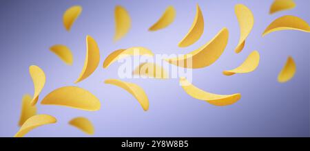 Blue background with flying crisp potato chips. Realistic 3d vector illustration with splash of fried or baked wavy slices salty spicy crispy snack. Crunchy cooked golden vegetable root pieces. Stock Vector