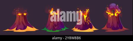 Volcano eruption set isolated on black background. Vector cartoon illustration of hot lava flowing from cracks in mountain, cloud of volcanic steam and smoke above rocky crater, natural disaster Stock Vector