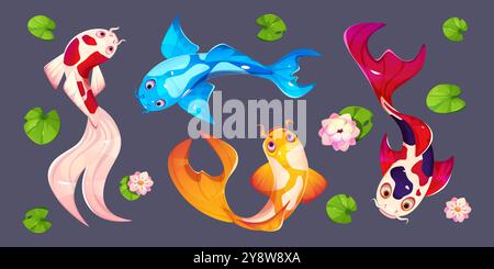 Top view on koi fish with lotus leaves and flowers for Japanese or Chinese traditional pond and aquarium creation. Cartoon vector set of golden and blue, red and white oriental underwater animals. Stock Vector