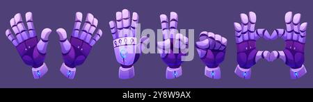 Android robot hand in different gestures - waving and peace, fist and heart shape. Cartoon vector illustration set of purple artificial intelligence humanoid bot mechanical arm in various positions. Stock Vector