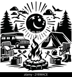 Simplistic black and white icons illustrating camping and hiking themes, featuring tents, backpacks, and nature symbols Stock Vector