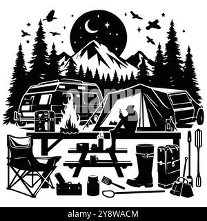 Simplistic black and white icons illustrating camping and hiking themes, featuring tents, backpacks, and nature symbols Stock Vector