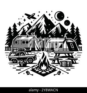 Simplistic black and white icons illustrating camping and hiking themes, featuring tents, backpacks, and nature symbols Stock Vector