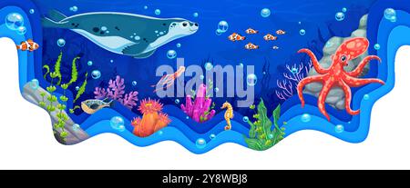 Cartoon paper cut underwater landscape with seal, octopus and seaweeds. 3d vector ocean ecosystem filled with fish, coral, bubbles and playful sea animals swimming among vibrant marine vegetation Stock Vector