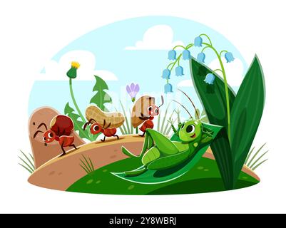 Cartoon ant characters with nuts and grasshopper lazy lying on leaf, vector kids story. Ants workers carrying nuts and looking at lazy cricket resting on flowers leaf for kids cartoon illustration Stock Vector