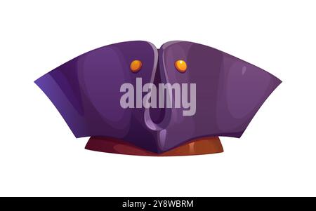 Cartoon pirate tricorn cocked hat featuring exaggerated broad sides and two golden buttons on its brim. Isolated vector classic, deep purple filibuster captain headwear. Game asset, photo booth props Stock Vector