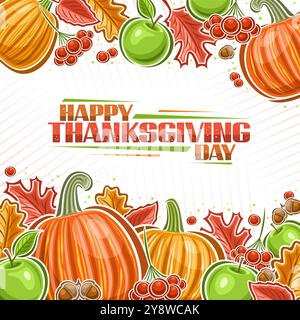 Vector Thanksgiving greeting card with copy space, festive layout with cartoon design thanksgiving composition with october pumkin, square placard wit Stock Vector