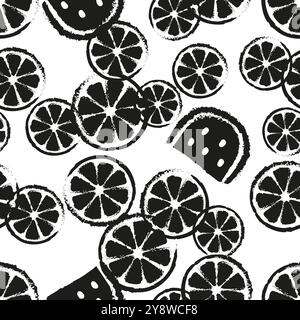 Citrus slices black and white seamless pattern. Hand drawn black and white abstract background with printed citrus slices spots Stock Vector