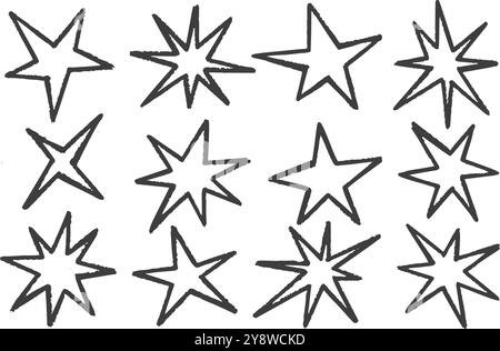 Random star shapes. Abstract hand drawn crayon irregular black elements. Cartoon outline burst. Vector paper cut spiky geometric figures. Stock Vector