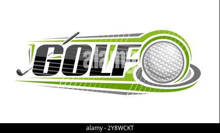 Vector logo for Golf Sport, decorative horizontal banner with outline illustration of hitting golf ball, flying on trajectory in goal on white backgro Stock Vector