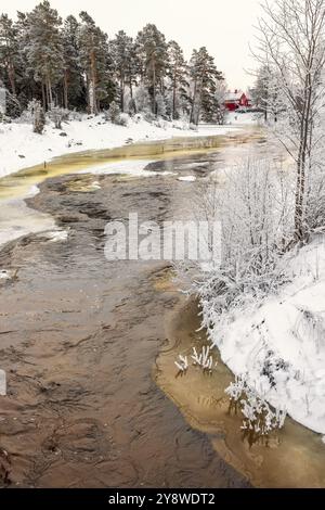 River bend with flowing water with ice in a wintry landscape view Stock Photo