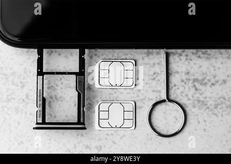 smartphone and open slots for micro SD and nano SIM cards, two nano SIM cards and metal key on grey background top view black white photo Stock Photo