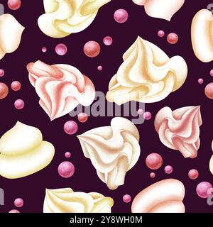 Marshmallow and meringue pink, white, cream, vanilla. Seamless pattern on a dark background painted with watercolor. For design, textiles, menu, fabri Stock Photo