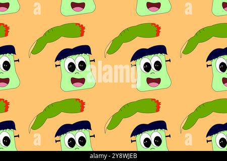 Playful Halloween seamless pattern featuring cute Frankenstein faces and creepy severed fingers. Ideal for festive designs and kids projects. Stock Vector