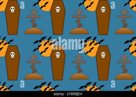 Seamless Halloween pattern featuring coffins, bats, graves, and crosses. Perfect for spooky designs and decorations. Stock Vector