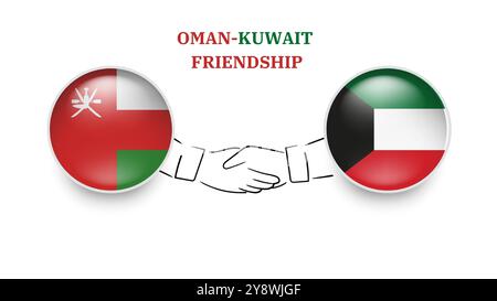 Oman and Kuwait flags in circle with shake hand. Oman And Kuwait friendship. Oman And Kuwait flags, isolated on white background. Vector illustrator Stock Vector