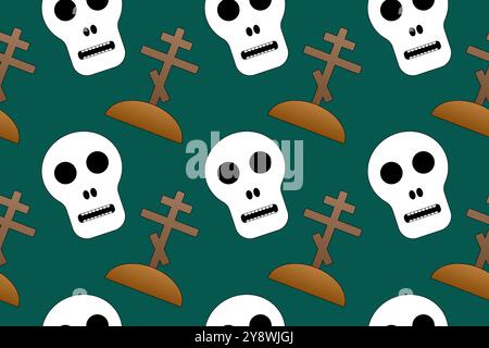 Seamless Halloween-themed pattern featuring skulls and grave crosses. Ideal for spooky decor, textiles, or party invitations. Stock Vector