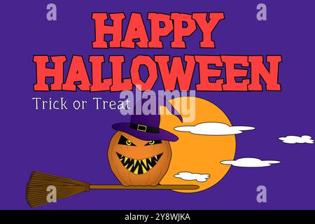 Illustration of a scary pumpkin wearing a witch hat flying with a broom against a full moon. Perfect for Halloween decorations. Stock Vector