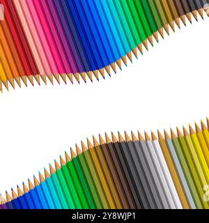 Vibrant colored pencils forming wavy pattern with transparent center 3d Stock Photo