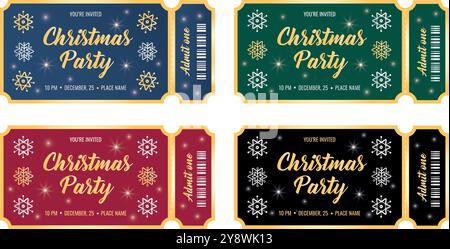 Set of Christmas party colorful tickets. Ticket template for admit one. Christmas design. Vector illustration. Stock Vector